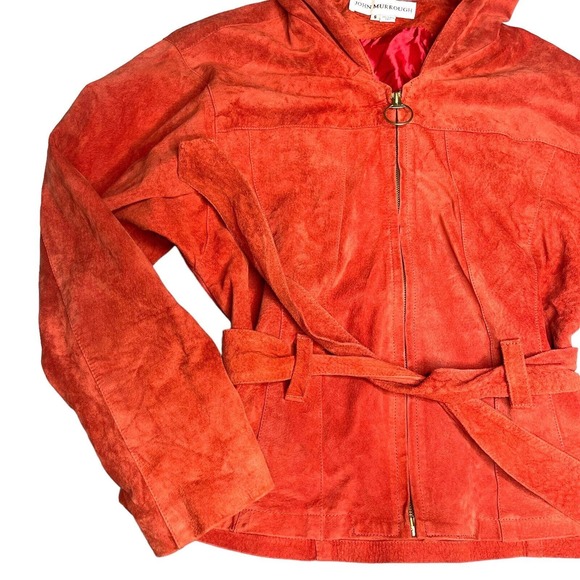 John Murrough Vintage 80s Suede Leather Orange O-Ring Zip Up Hooded Jacket Small - Picture 5 of 14